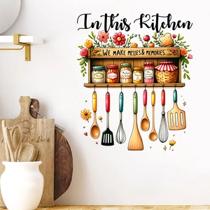 Detail of kitchen wall decal with utensils and We Make Messes and Memories quote
