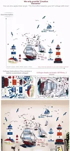 Detail showing nautical wall sticker dimensions with sailboat and lighthouse patterns