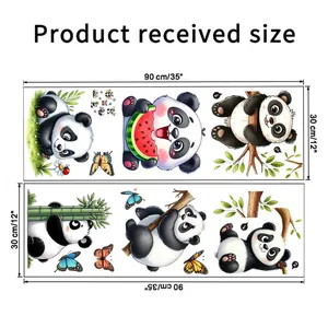 Detailed size chart showing two 90x30cm playful cartoon panda wall sticker sheets