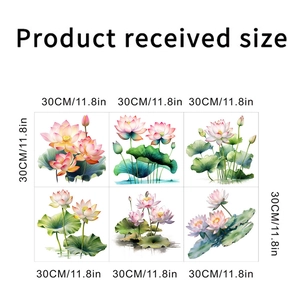 Detailed view of 6-piece lotus flower wall stickers set with 30cm size measurements