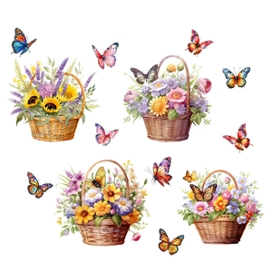 Detail of floral basket wall decals with colorful roses and butterflies on white background