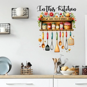 Detailed view of kitchen wall sticker with rustic wooden shelf, floral patterns and utensils