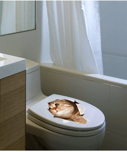 3D realistic brown tabby cat sticker appearing from a white ceramic toilet lid