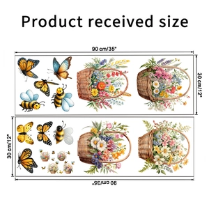 Detailed wall sticker layout with flower basket, birds, and size guide of 90x30cm