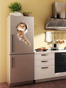 3D realistic orange tabby cat sticker applied on a silver refrigerator with crack effect
