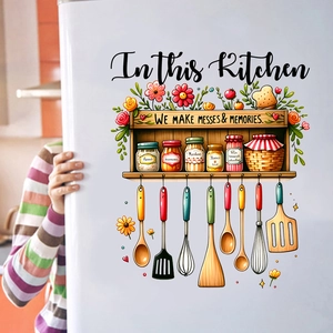 Detail of kitchen wall sticker with motivational quote and hand-drawn utensil illustrations