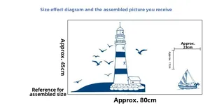 Detailed size chart for Mediterranean lighthouse and sailboat wall stickers showing 45x80cm dimensions