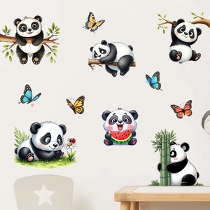 Close-up of cute panda wall stickers featuring cartoon animals and leaves in nursery decor
