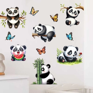 Nursery wall display of cute cartoon pandas with colorful butterflies and ladybugs