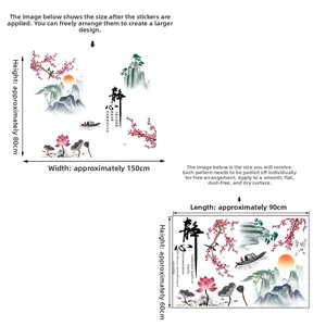 Detailed size chart for Zen Chinese landscape wall sticker with bamboo and lotus