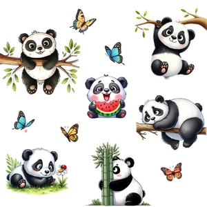 Detailed view of multiple cute cartoon panda wall stickers with bamboo and butterfly decals