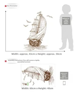 Detail showing Nordic sailboat wall decal dimensions of 43x58cm and layout size 60x40cm