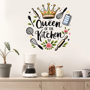 Kitchen wall decal featuring Queen of the Kitchen text and colorful cooking utensils icons