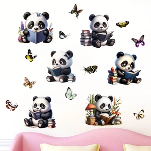 Cute 3D cartoon panda wall stickers with butterflies and bamboo for kids' bedroom