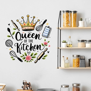 Detail of waterproof kitchen wall sticker with crown and Queen of the Kitchen text