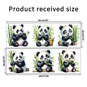 Cartoon panda wall stickers dimensions showing six pandas and bamboo in 90x30cm layout
