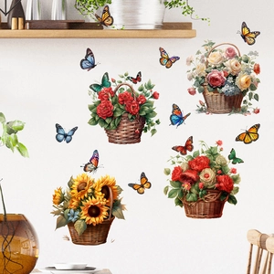 Pastoral Floral Butterfly Flower Basket Wall Stickers Waterproof Removable PVC Art Mural For Home Living Room Bedroom Decor