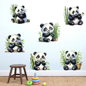 Adorable panda wall decals set with bamboo elements for kids bedroom decor