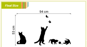 Detailed size guide showing 94x53cm final dimensions for cat and butterfly wall stickers