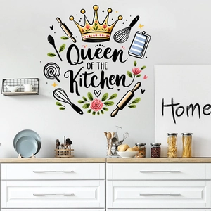 Queen of the Kitchen wall sticker with crown and cooking utensils on white wall