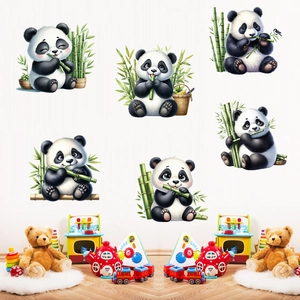 Detail of six playful panda wall decals with bamboo accents for kids bedroom decor