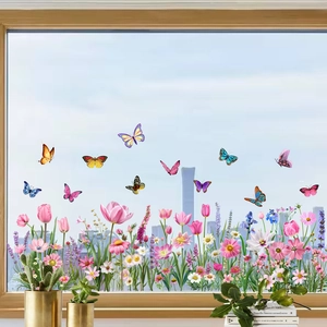 Autocollants Statiques de Fenêtre Tulipe Papillon en PVC Imperméable Stickers Fleurs pour Verre Réfrigérateur Décoration de Maison