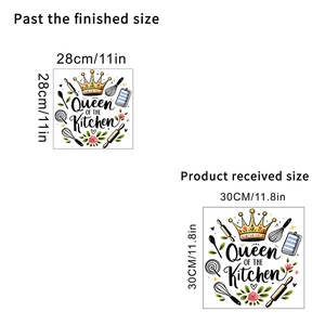 Detail view of Queen of the Kitchen wall sticker with utensil icons and size dimensions