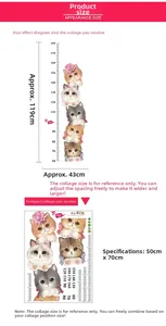 Detailed cartoon cat height wall sticker showing layout sizes from 60cm to 180cm