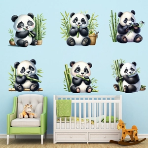 Detailed set of six playful cartoon panda wall stickers for nursery and kids' room decor