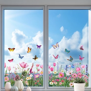 Stickers de fenêtre tulipes et papillons pour décoration de vitres et esthétique maison
