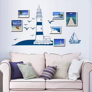 Nordic sailing boat wall stickers with lighthouse and seagulls for home decoration