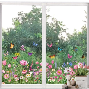 Stickers de fenêtre statiques avec tulipes colorées et papillons dans un jardin