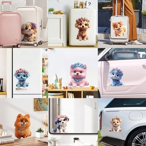 3D Cute Puppy Dog Wall Sticker Waterproof Flower Wreath Dog Decorative Decal For Car Laptop Luggage Window Cabinet Door