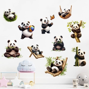 Adorable panda wall stickers for nursery showing various playful pandas and bamboo