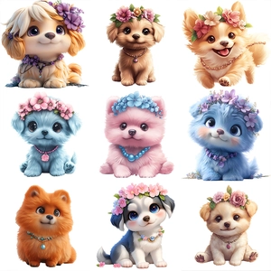 Set of 9 cute puppy stickers with flower crowns and necklaces for wall and car decor