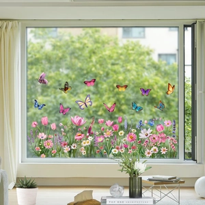Autocollants vitraux fleurs colorées tulipes et papillons pour décoration de maison