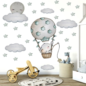 3D cute elephant in hot air balloon wall sticker with moon and stars for nursery decor