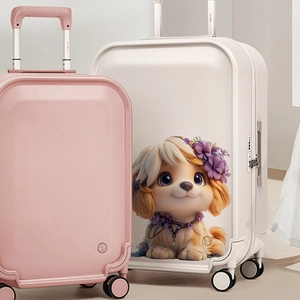 Pink and white luggage set featuring a cute cartoon dog print with universal wheels