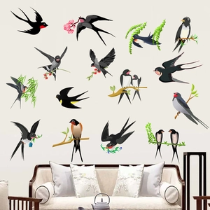 Detailed wall sticker set featuring black swallows with pink flowers and green willow branches