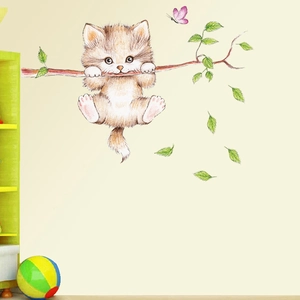 Detail of 3D cute brown cat wall sticker with green leaves and purple butterfly