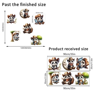 Detailed dimensions of cowboy panda wall stickers showing layout and finished sizes