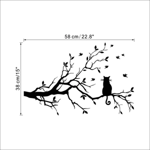 Black cat on tree branch wall sticker showing 58cm x 38cm size specifications