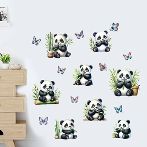 Detail view of cute panda and butterfly waterproof wall stickers on a clean white room wall