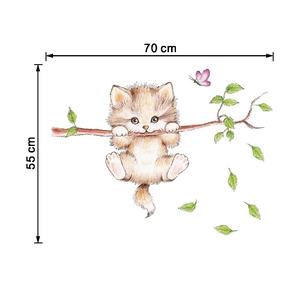 Detail view of 3D cartoon cat wall sticker showing 70x55 cm dimensions and size