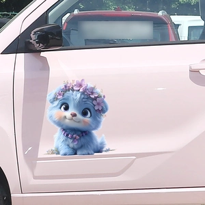 Cute 3D plush blue puppy car sticker with purple floral wreath on pink car door