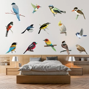 Set of 13 colorful bird wall decals featuring vibrant parrots and hummingbirds for home decor