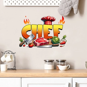 Detailed chef wall sticker with colorful kitchen ingredients on a clean kitchen wall