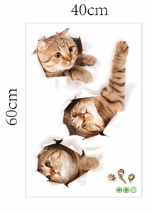 Detailed 3D cat wall stickers showing dimensions of 40x60cm and PVC material textures