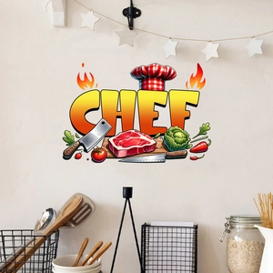 Detailed view of chef theme wall decal with bold CHEF text and kitchen tool motifs