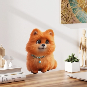3D realistic orange Pomeranian dog wall decal with cute necklace for home decor